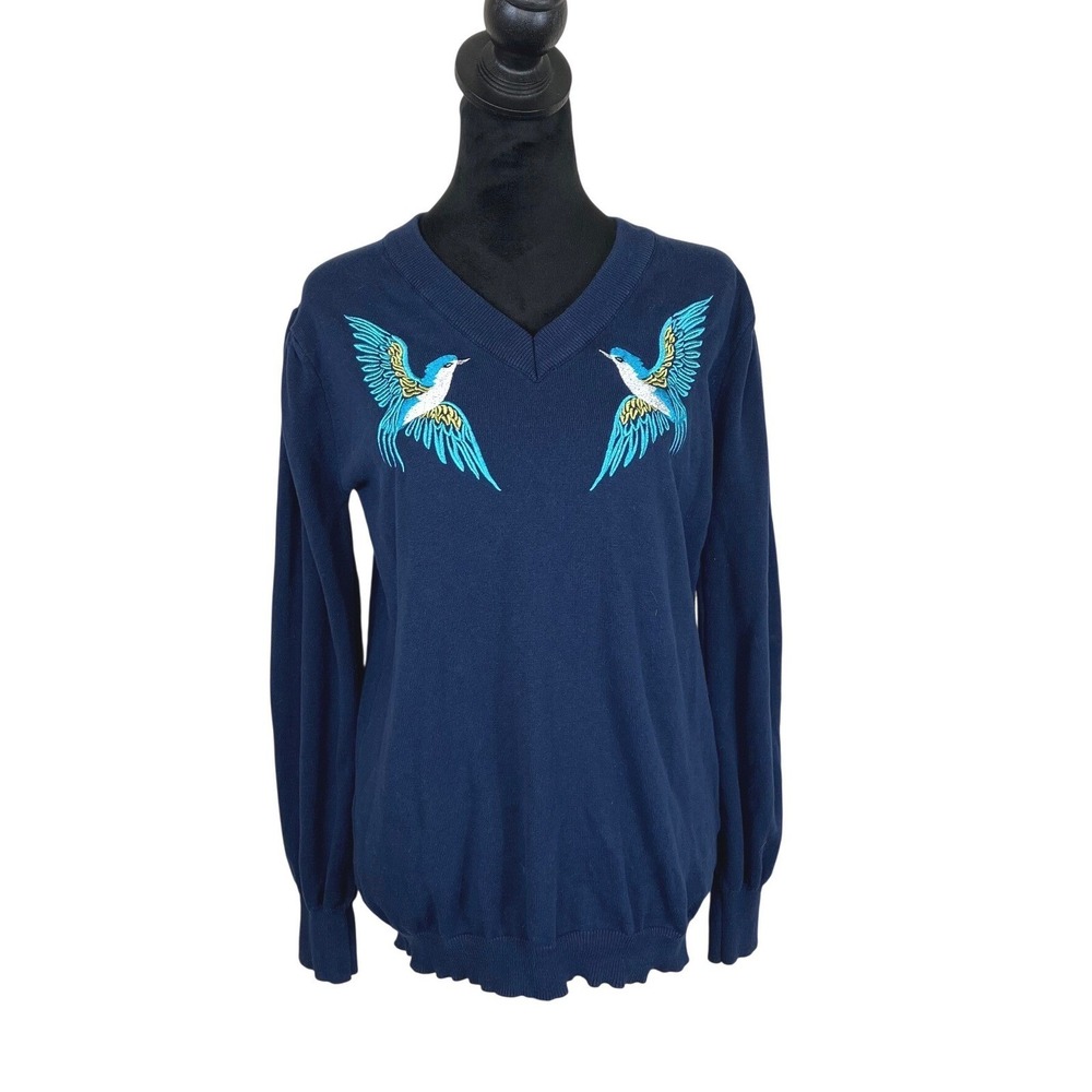 Oxknit Long Sleeve Cotton Birds Pullover V-neck Sweater Large Preppy Casual